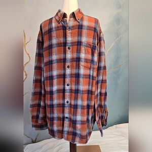 St Johns Bay Classic 100% Cotton Orange and Blue Gray Plaid Button Down Shirt L